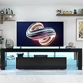 CFTEL Black TV Stand, 60 65 70 75 inch Wood TV Stand, High Glossy Entertainment Center with Large Drawers&Glass Display Shelf, LED Modern Media Gaming Cabinet TV Console for Livingroom, Bedroom