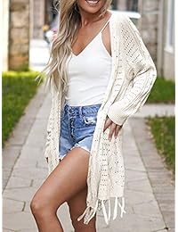 Msikiver - Chal de punto bohemio para mujer con borla hueca en la parte delantera y manga larga