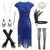 1920s Flapper Dress Roaring 20s Great Gatsby Fringed Sequin Dress Accessories Set Blue