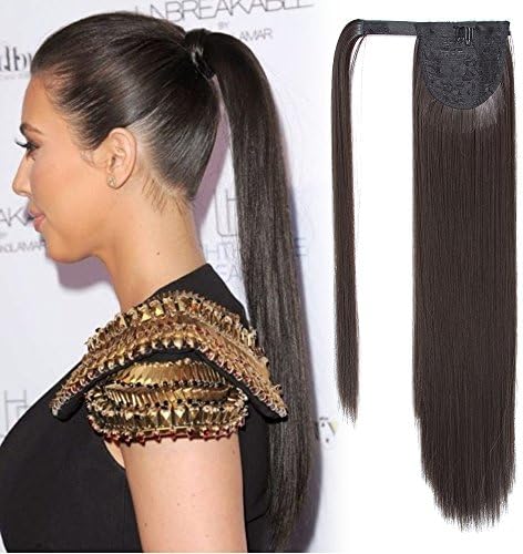 Long Straight Wrapped Around Ponytail Extension for Woman 24 Inch One Piece Magic Paste Synthetic Hairpiece Pony Tail Extension (Black Brown)