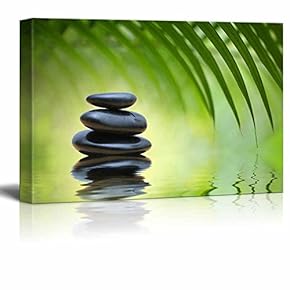 Canvas Prints Wall Art - Green Bamboo Leaves Over Zen Stones Pyramid Reflecting in Water Surface for Spa Art | Modern Wall Art Gallery Canvas Wrap Giclee Print. Ready to Hang - 12" x 18"