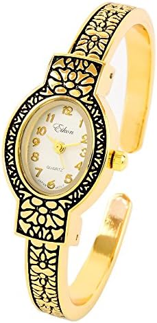 Gold Metal Western Style Decorated Oval Face Women's Bangle Cuff Watch