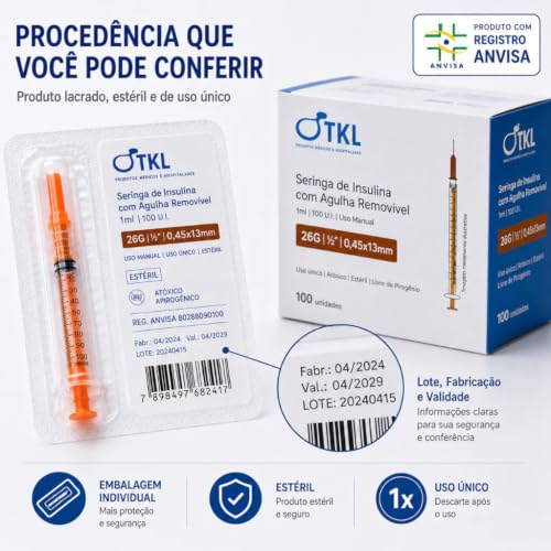 Seringa para Insulina 1ml com Agulha 13x0,45mm 26G, 100 Unidades