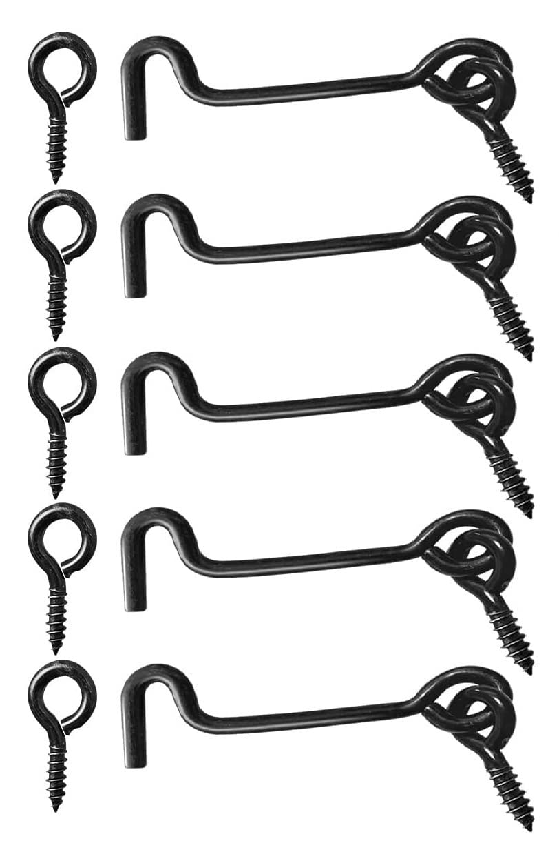 TERF® High Quality Cabin Hook and Eye Black 100mm (4 inch) Gate Door Lock Latch Hook Eye For Window Slide Barn Bathroom Toilet Cabinet Cupboard Shed Gate Door Latch and Multi Purpose Use - Pack of 5