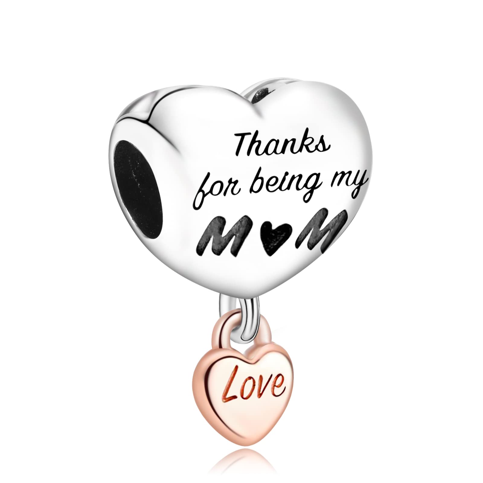 Annmors I Love Mom Heart Dangle Charms in 925 Sterling Silver with Cubic Zirconia for Bracelets