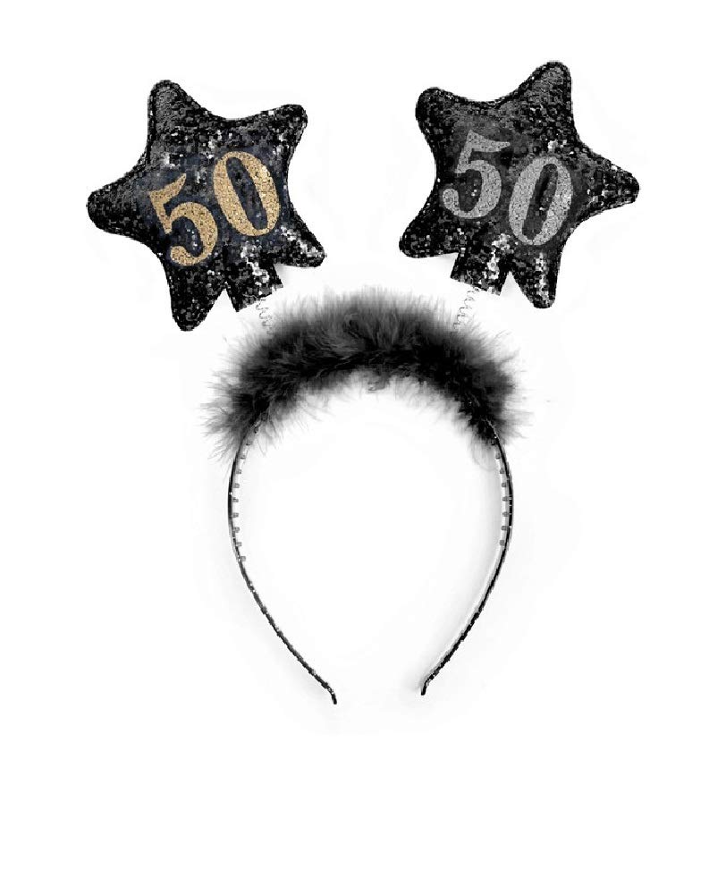 PartyDeco Birthday Hairband Unisex - Glitter Headband with Feathers, Stars, and Number | Fun Party Accessory for Celebrating Birthdays (Age 50)