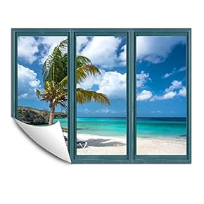 Wall Murals for Bedroom Fake Window Beach Blue Window Removable Wallpaper Peel and Stick Wall Stickers - 24x32 inches