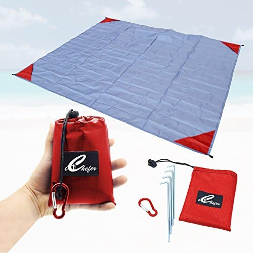 iChefer Picnic Beach Blanket 55"x59" for Outdoor, Camping Made From Durable Soft and Lightweight Waterproof Material for Camping/Traveling/Hiking/Festivals with Aluminium stakes, and Loops (Red)