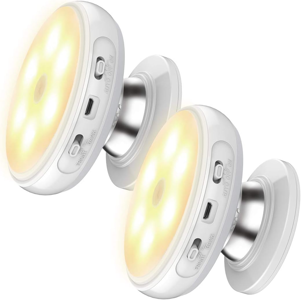Nycoo Motion Sensor Wireless Front&Back Light Rotating Rechargeable LED Stick-Anywhere Wall Sensing Night Light for Kids Stair Kitchen Patio Hallway Bathroom Cabinet Closet (2Pack-Warm-Rechargeable)