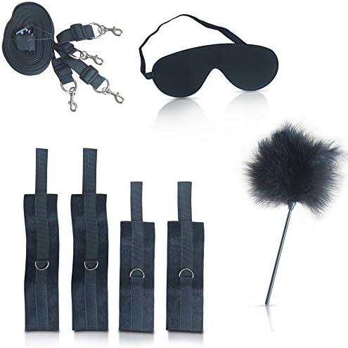 Bed Restraints with Blindfold Eye Mask and Feather Tickler - BDSM Bondage under bed restraint system kit with adjustable cuffs for ankles and wrists - Fits almost any size mattress