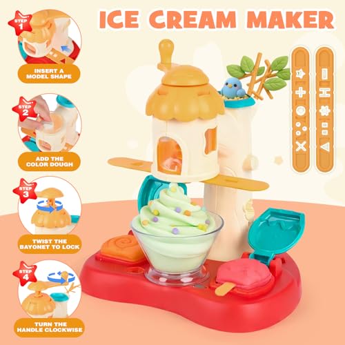 Dreamon 3 in 1 Play Color Dough Set - Ice Cream Noodle Hamburger Maker Machine, Dough Tools Accessories Set, Play Kitchen Accessories, Art Crafts Food Toys for Kids 3 4 5 Years Old