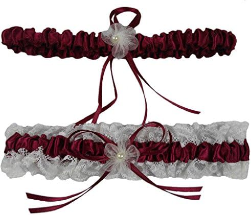 AZDRESS Lace Wedding Bridal Garter with Flower Pearl Bowknot Burgundy- Set of 2