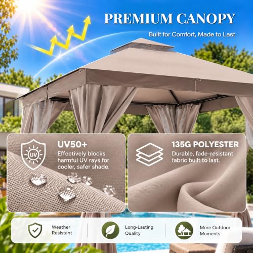 LAUSAINT HOME 10x10 Gazebo Canopy with Netting, Curtains & Double Roof image 37