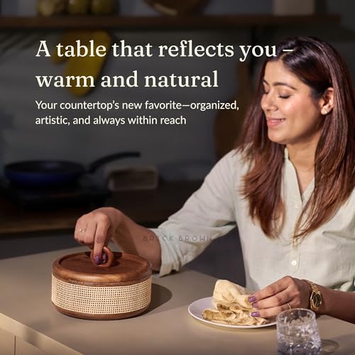 Brick Brown® Tresso Wooden Roti Box With Cane Weave | Chapati For Kitchen Casserole Hot Pot Lid Case Dabba Server Dining Table Handmade Container (8X8X5 In)