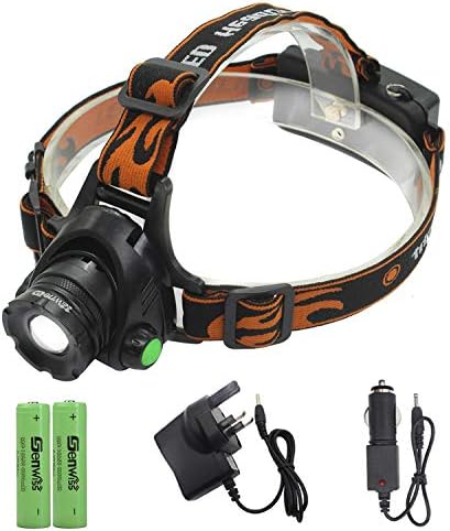 Siuyiu Led Head Torch Rechargeable, Running Headlamp, Super Bright 2000 Lumens Head Lamp, Waterproof T6 Headlamp, Zoomable Head Light with 2 x Battery, Charger, Car Chager for Camping Biking Hunting