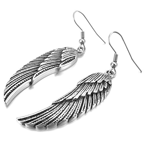 INBLUE Men's Stainless Steel Stud Earrings Silver Tone Black Angel Wing Feather