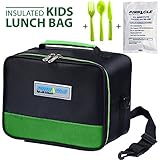 INSULATED LUNCH BOX - PINNACLE Insulated Lunch Bag For Kids, Girls, Boys, Toddlers - Thermal Reusable Lunch Tote - School Lunch Bag With BONUS GEL ICE PACK And MATCHING CUTLERY - 2 Way Zipper - GREEN