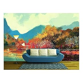 Painting of Beautiful Autumn Forest,Illustration - Removable Wall Mural | Self-Adhesive Large Wallpaper - 66x96 inches