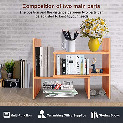 Desktop Bookshelf Adjustable Wood Display Shelf Countertop Bookcase Office Supplies Desk Organizer Accessories - Natural Bamboo Stand Shelf