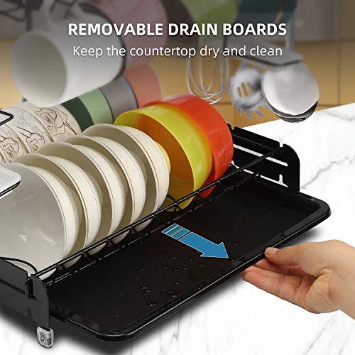Dish Drying Rack, YIIMER Stainless Steel 2-Tier Dish Rack with Drainboard Set, Height-adjustable Dish Drainer with Utensil Holder, Knife Holder and Cup Holder for Kitchen Counter Top Black