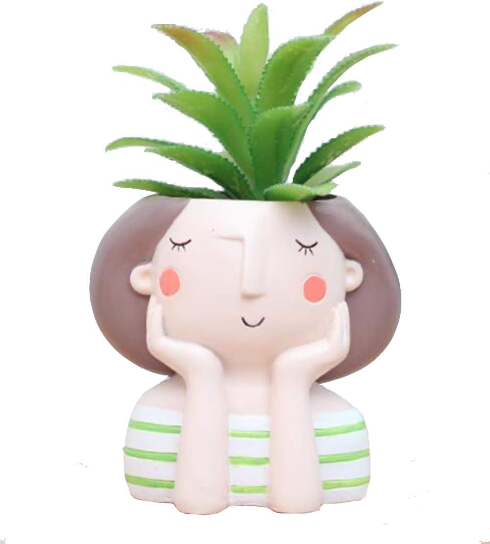 WISH HALLY WOOD Green Stripe Girl Succulent Planter Pots for Office House Balcony Landscape Creative Decorative Flower Pots (Green Stripe Girl)