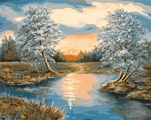FramedPBN Paint By Numbers Kit Paintworks DIY Oil Paintings Sunset on the River in Winter, 13.4" X17.3" (IC0000S7)