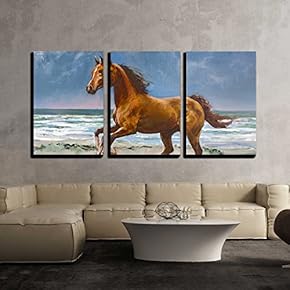 3 Piece Canvas Wall Art - Chestnut Horse Galloping on Shore, Fragment of Painting - Modern Home Art Stretched and Framed Ready to Hang - 16"x24"x3 Panels