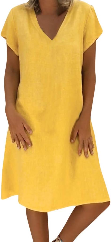 Mini Dresses TUDUZ Sale Clearance Women Summer Plus Size Vintage Ethnic Printed V-Neck Cotton and Linen Shift Dress