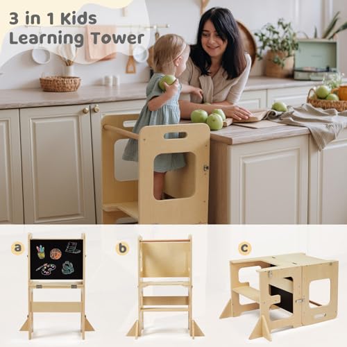 Labebe Montessori Children's Tower, 3 in 1 Folding Teaching Tower, Ladder Children's Stool with Blackboard, Montessori Wood Tower for Kitchen Utensils from 18 Months (Wood)