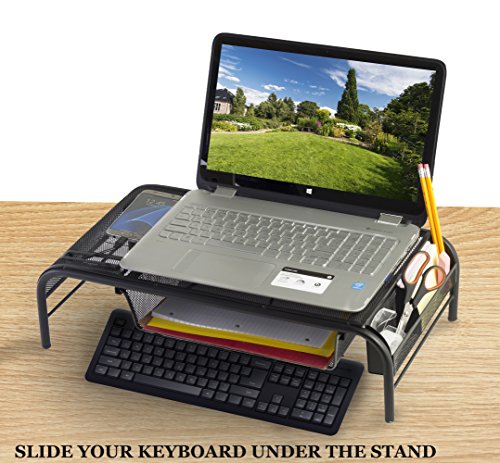 Monitor Stand Riser, Mesh Metal Desktop for Computer/Laptop TV Printer with Pull Out Drawer. New Design with Two Cellphone Slots. Two Compartments for Storage Organizer [Upgraded] by House Ur Home - Thumbnail 5