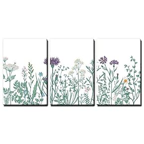 3 Panel Hand Drawing Style Colorful Plants and...