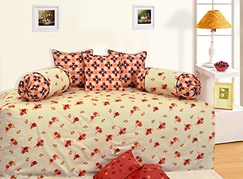 Beige Printed Single Bedsheet Cotton Satin Diwan Bedding Set Of 6 Pcs Home Décor