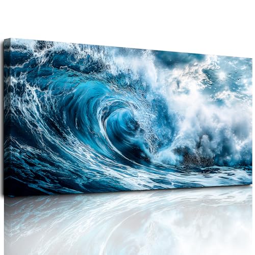 hyidecorart Large Modern Living Room Decorations, 73 x 146 cm, XXL Decorative Canvas, Wall, Bedroom, Decorative Wall Sheets, Strong Waves, Blue Wall Art, Dining Room, Office, Hallway, Bathroom