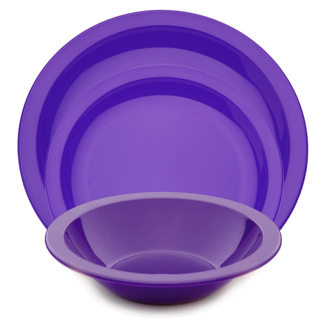 Harfield 3 Piece Tableware Set Dining Plates & Bowl Virtually Unbreakable Reusable Polycarbonate (Purple)