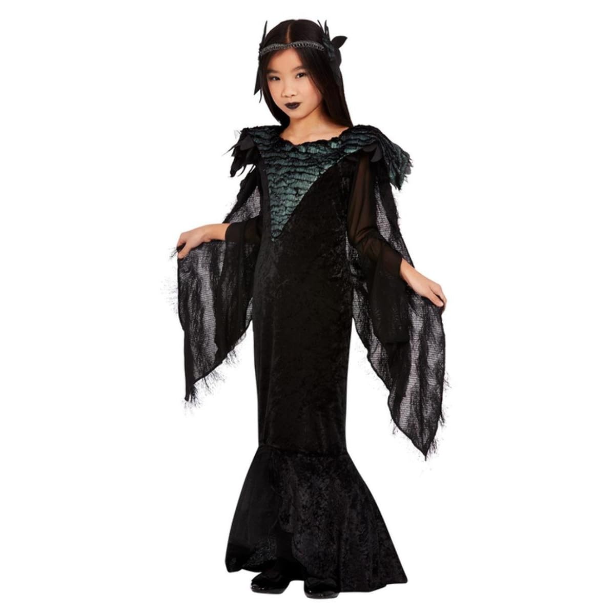 Smiffys Deluxe Raven Princess Costume, Black Dress, Cape & Headdress, Halloween Child Fancy Dress, Animal Dress Up Costumes