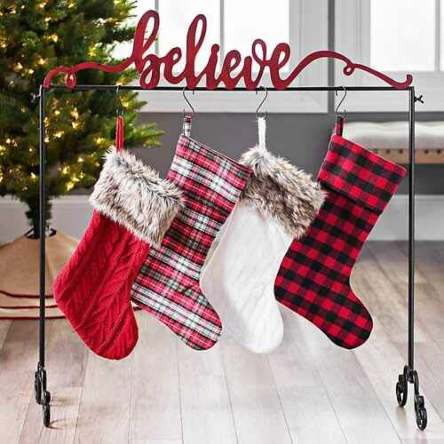 image for Holiday Home Black Red Metal Believe Freestanding Christmas Stocking H