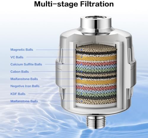 Filtre de Douche Universel, Purificateur d'Eau à 15 Étapes avec Vitamine C, Adoucisseur d'Eau Anti-Chlore et Métaux Lourds, Soin de la Peau et des Cheveux, Compatible avec G1/2'' de Douche