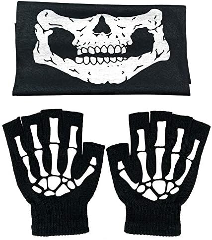Thriller9 Fingerless Skeleton Gloves And Skull Face Mask Unisex Skeleton Pattern Knit Gloves Glow in Dark Mouth Mask Black