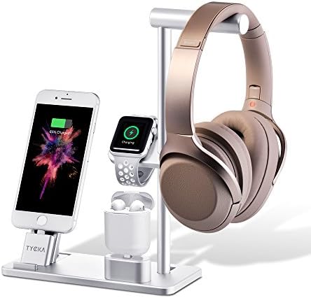 TYCKA Aluminum 4 in 1 Charging Station for iPhone, Watch Stand ，Headphone Holder and Charging Stand for Apple Watch Series 3/2/1, iPhone X 8 Plus 8 7 Plus 7 6S Plus 6s 6Plus 6，iPad with Silver