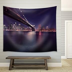 Brooklyn Bridge and Manhattan at Night, New York City - Fabric Wall Tapestry Home Decor - 51x60 inches