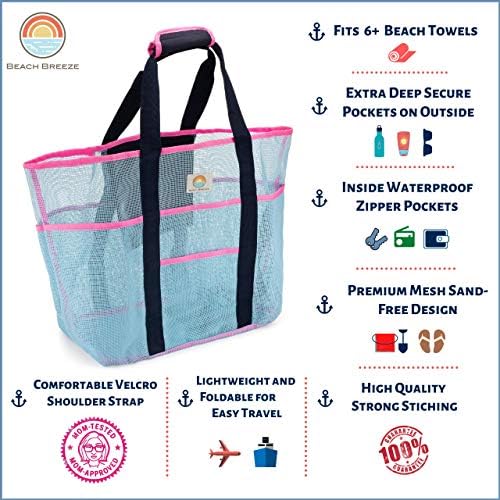 Mesh Beach Bag – Large Family Tote & Pool Bag - Extra Storage - 9 Oversized Pockets for Organization & Zippers, Comfortable Shoulder Strap - Stylish Blue and Pink - Women and Men 4 Mesh Beach Bag – Large Family Tote & Pool Bag - Extra Storage - 9 Oversized Pockets for Organization & Zippers, Comfortable Shoulder Strap - Stylish Blue and Pink - Women and Men