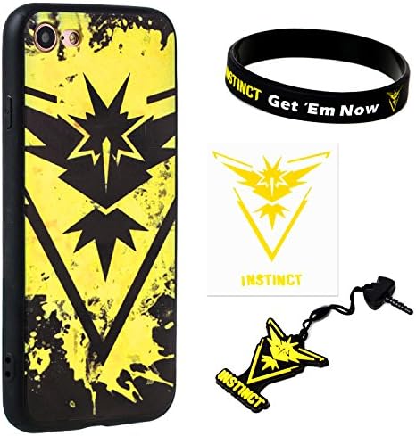 iPhone 7 Case w/ Pokemon Go [Team Instinct Theme] Yellow (1) + Silicone Bracelet (1) + Audio Plug Charm (1) + 2"Decal