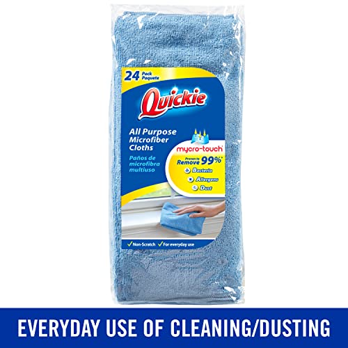 Quickie Microfiber Cleaning Cloth, 14 X 14 in., Blue, 24 Pack, Washable and Reusable, All-Purpose Towel/Wiper for Multi-Purpose Indoor/Outdoor Cleaning/Dusting/Polishing on Kitchen/Bathroom