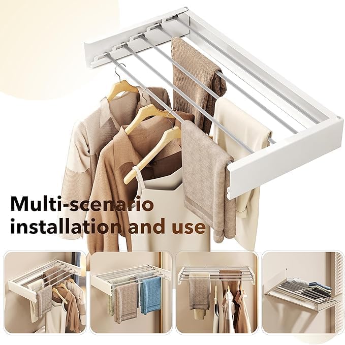Wall Mounted Drying Rack, Laundry Clothes Drying Racks Foldable, Collapsible Drying Rack Clothing Wall Mount, Wall Template for Indoor Outdoor Hanging Clothes, 5 Rods, 31.5 Inch