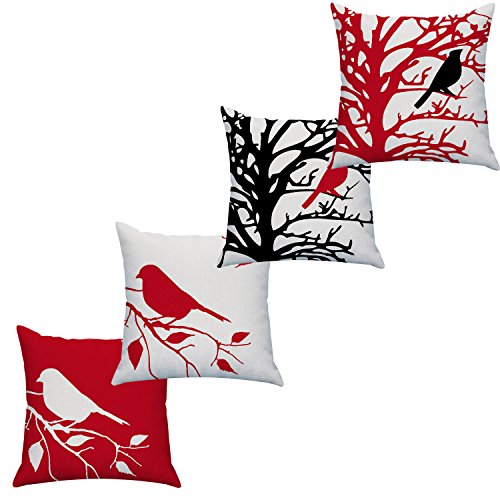 LAZAMYASA Square Cartoon Bird Printed Cushion Cover Cotton Throw Pillow Case Sham Slipover Pillowslip Pillowcase for Home Sofa Couch Chair Back Seat,4PCS,Red,20x20in