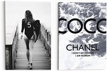 Wall Art Surfer Girl 5 Supermodel Set of two Artwork Poster Fashion Print on Canvas Decor Black and White Kate 20 x 28