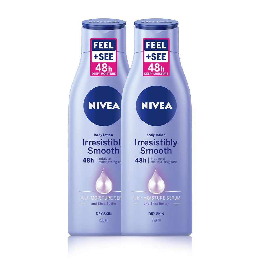 NIVEA Irresistibly Smooth Skin Lotion Pack of 2 (2 x 250ml), Moisturiser with Shea Butter, Intensive Moisturising Cream, Extra Rich Hydrating Body Lotion