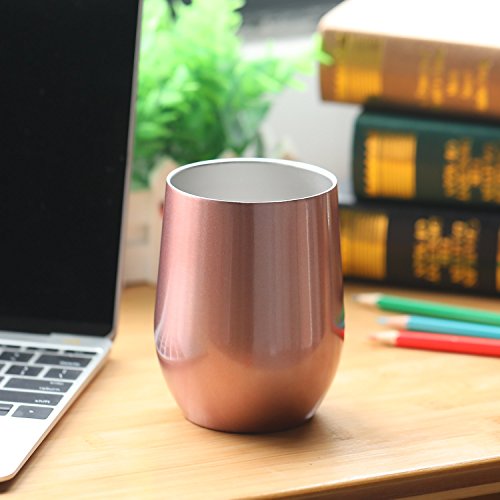 Skylety 12 oz Double-insulated Stemless Glass, Stainless Steel Tumbler Cup with Lids for Wine, Coffee, Drinks, Champagne, Cocktails, 2 Sets (Bright Rose Gold)