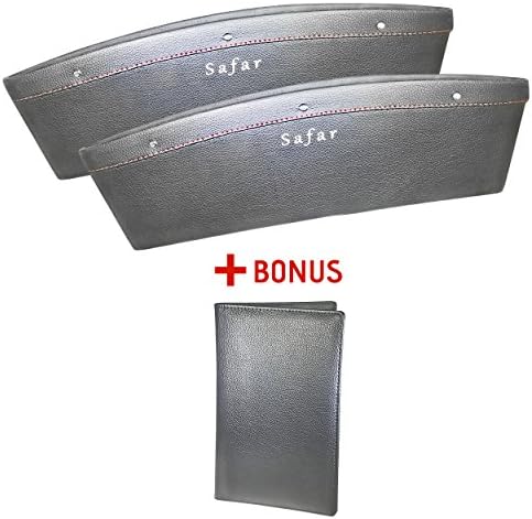 Safar Car Pocket Organizer Seat Side Caddy Catcher Gap Filler - Set of 2 and One Bonus Car Documents Passport Holder (Black)