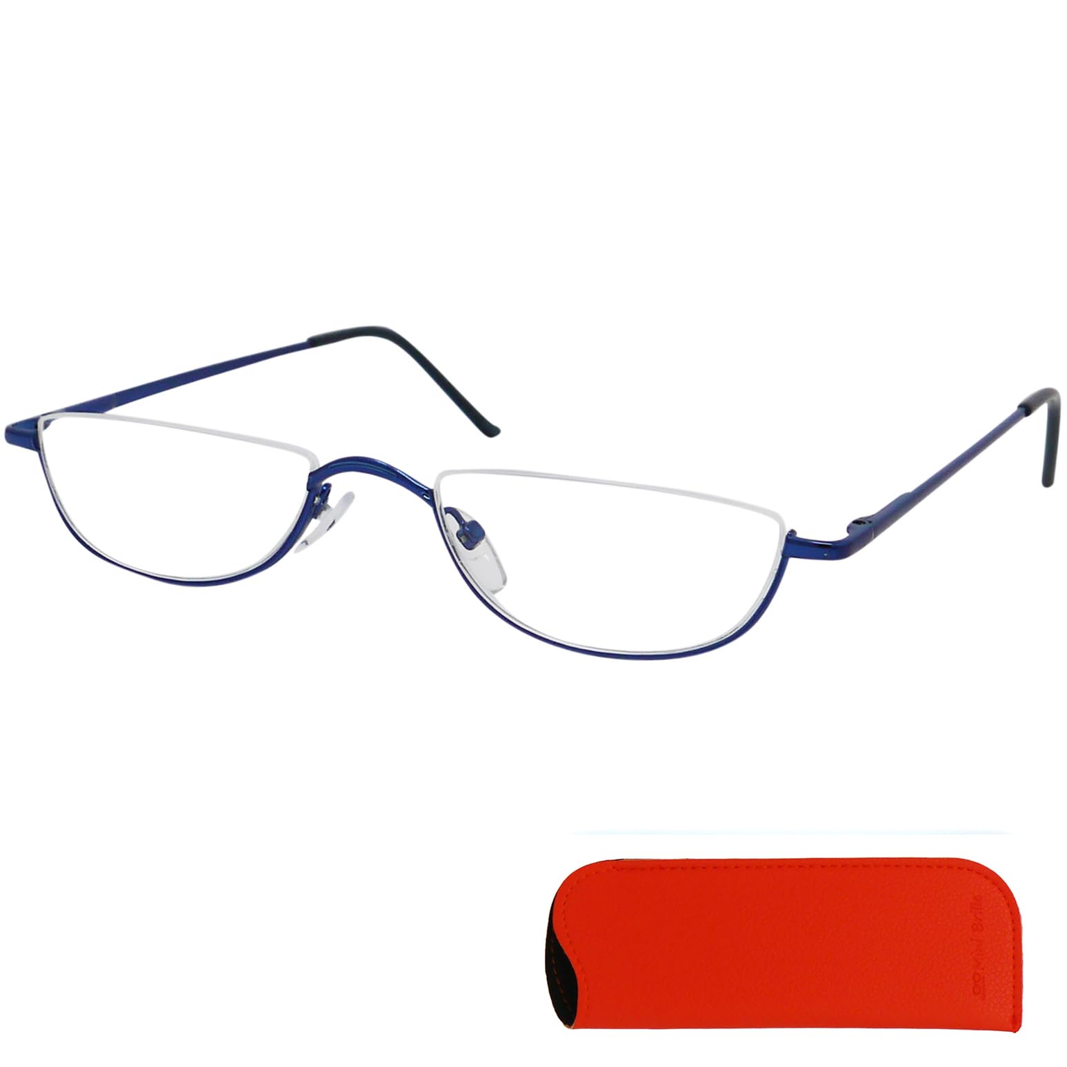 Mini Brille - Metal Half Moon Reading Glasses, Including FREE Case, Half Eye Stainless Steel Frame (Blue) with Spring Hinge, Men and Women Readers +2.50 Magnification — image 1